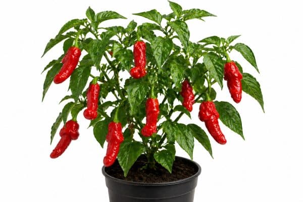 Peter Pepper plant with red fruit in a pot