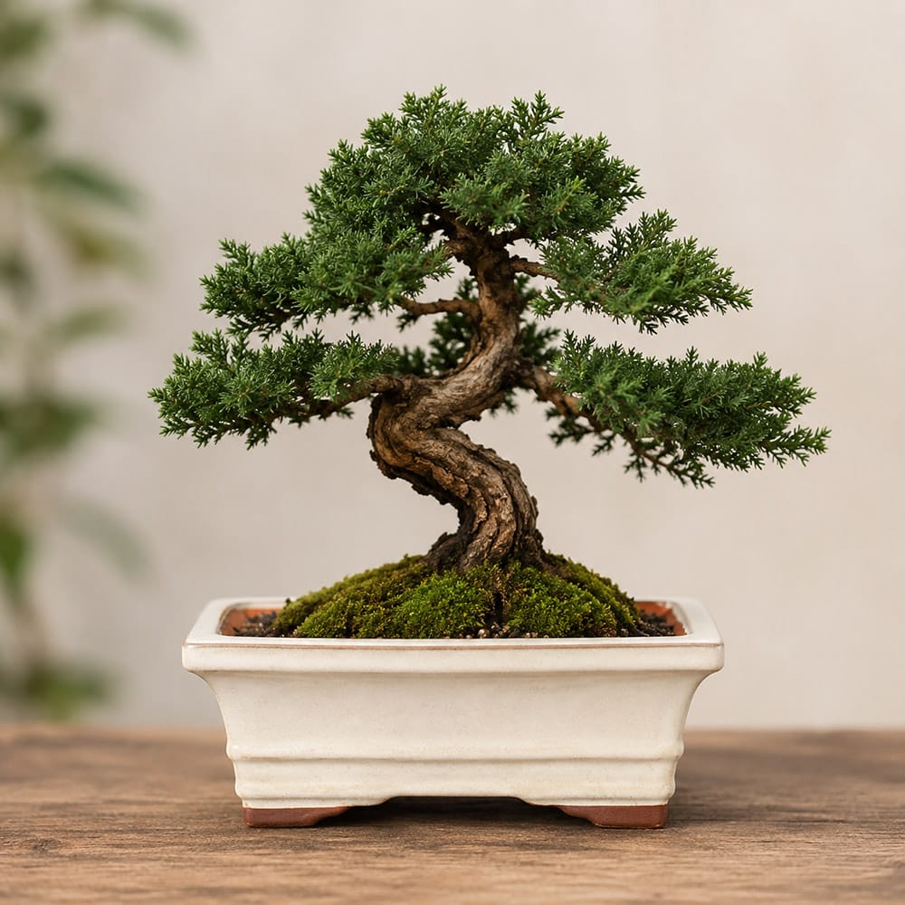 Bonsai in a white rectangular ceramic pot