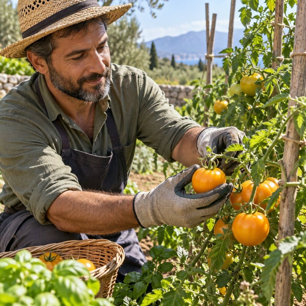 Καλλιεργητής μαζεύει κίτρινες ντομάτες Goldene Königin από το φυτό